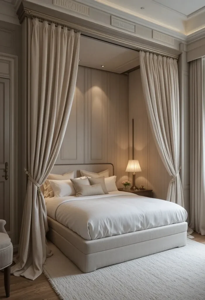 Murphy bed hidden behind soft linen curtains creating a cozy sleeping alcove.