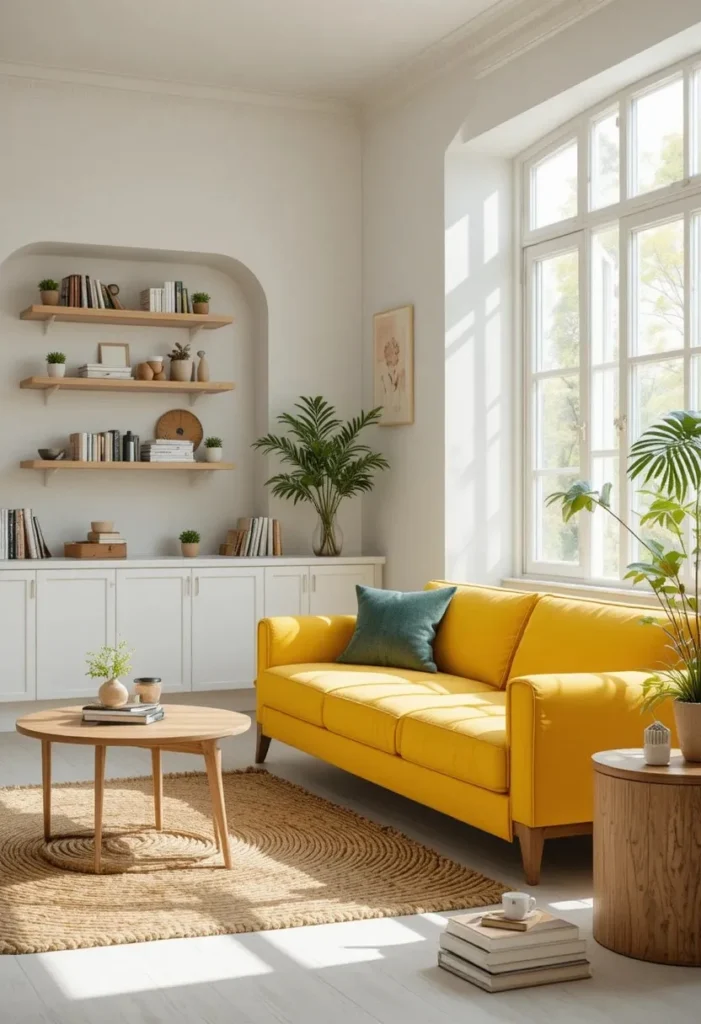 Yellow couch displayed against white walls with simple natural decor.
