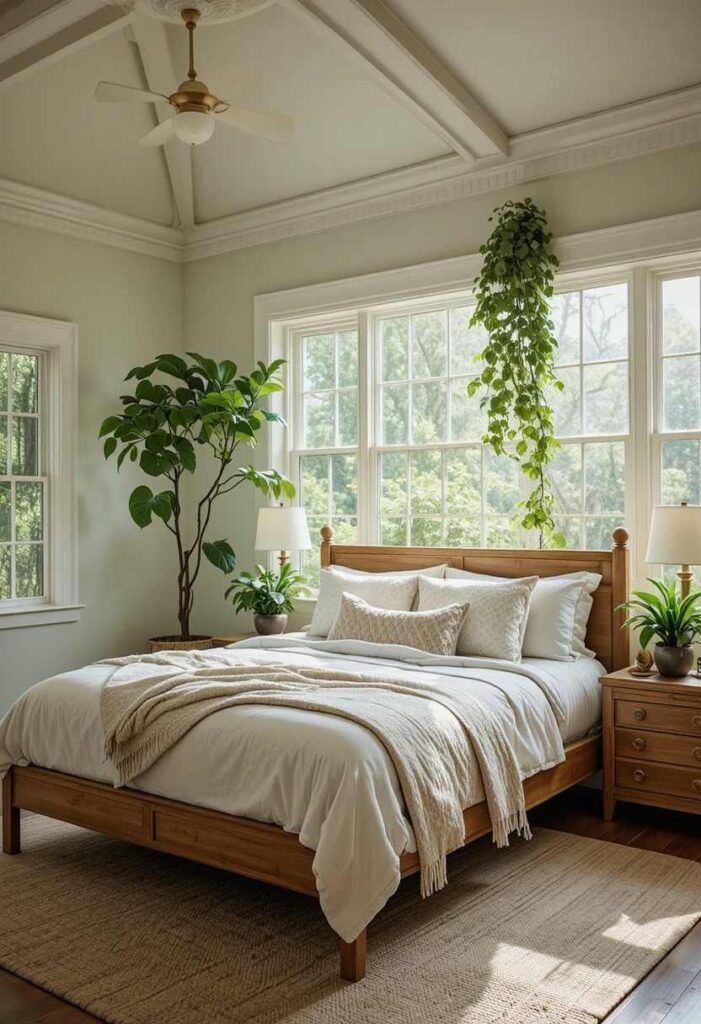 Master bedroom decorated with indoor plants for freshness and natural beauty.