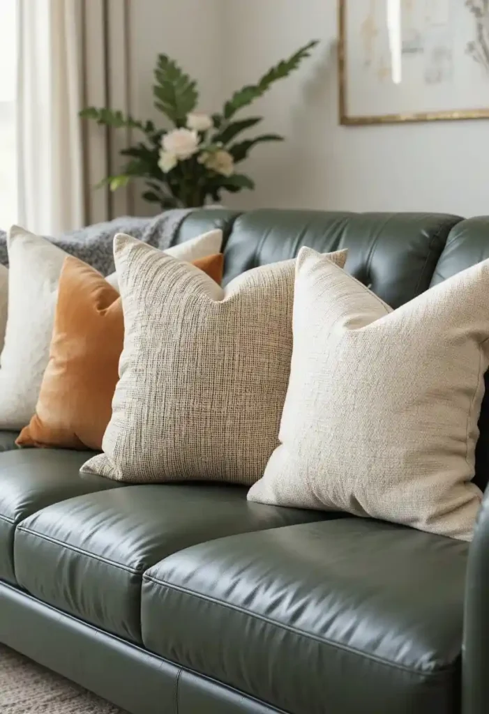 Green leather couch softened with cream and caramel accent pillows.
