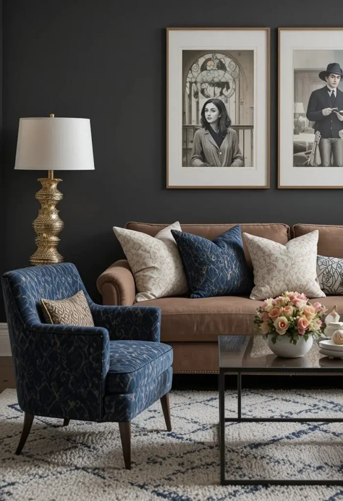 Patterned accent chair adding visual interest beside a brown couch.