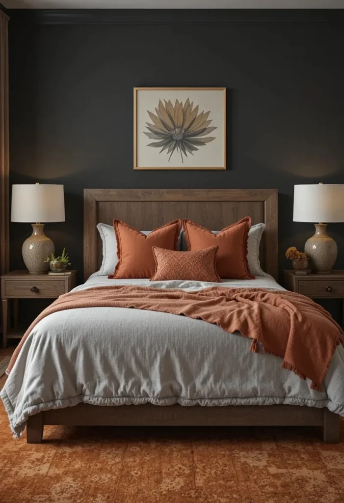 Dark gray bedroom enhanced with warm terracotta accents and earthy textures.