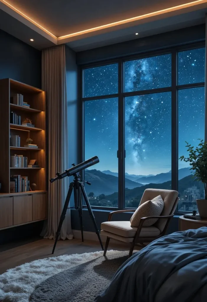 Bedroom reading corner with a telescope beside the window for stargazing.