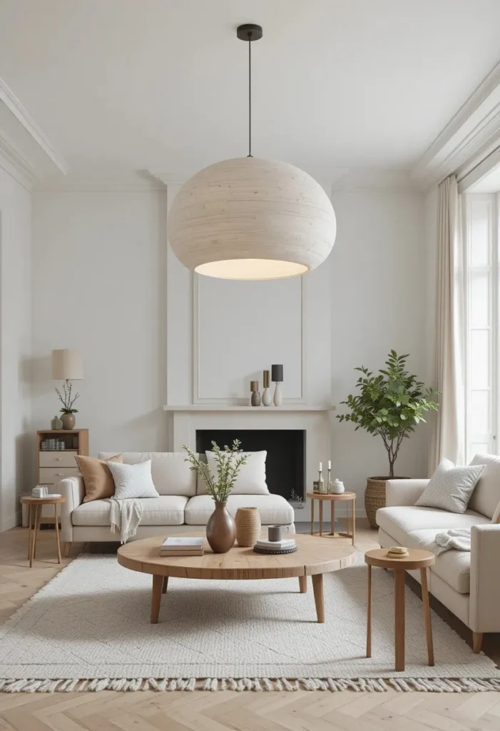 Scandinavian living room highlighted by a sculptural pendant light fixture.