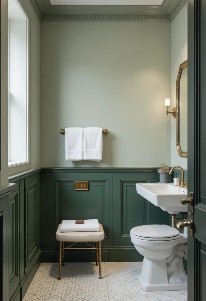 Two-tone green bathroom with forest and sage green color scheme