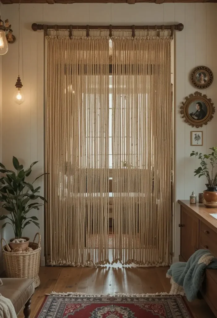 Wooden beaded curtain creating a fun and stylish room divider.