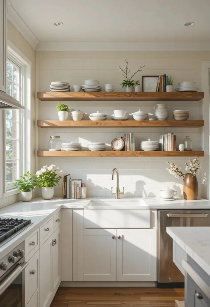 White shaker kitchen with warm wood open shelves and cozy farmhouse styling.