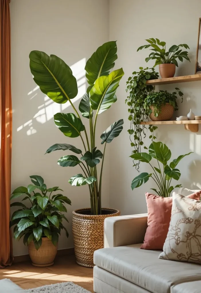 Houseplants filling a boho living room corner with natural beauty.