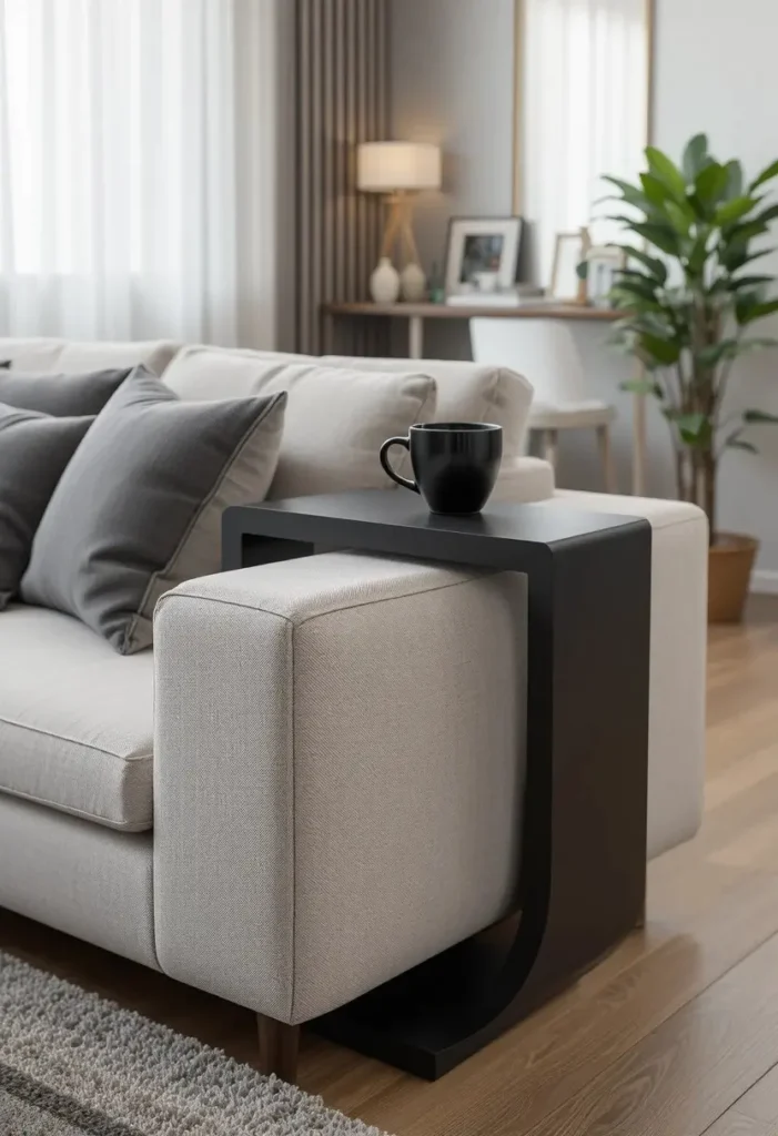 C-shaped side table designed to slide over a sofa for convenient everyday use.