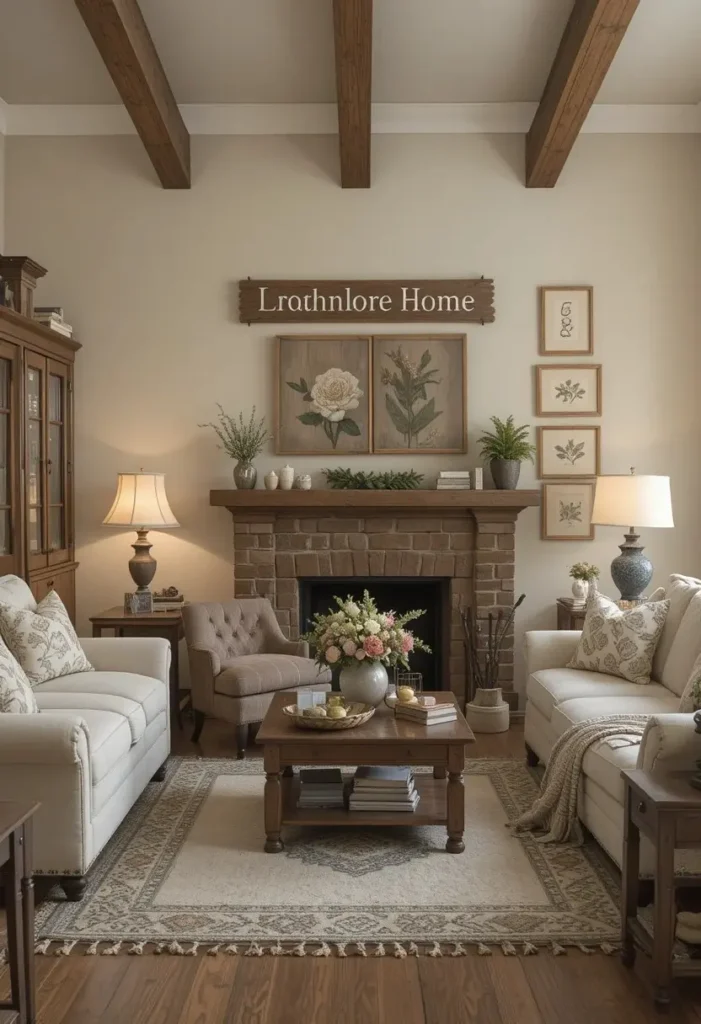 Vintage signage adding rustic charm and personality to farmhouse living room decor.
