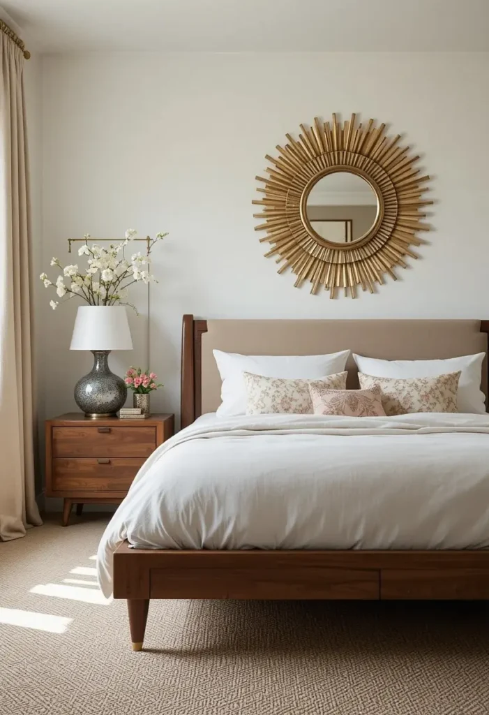 Brass sunburst mirror creating iconic mid century modern bedroom drama.
