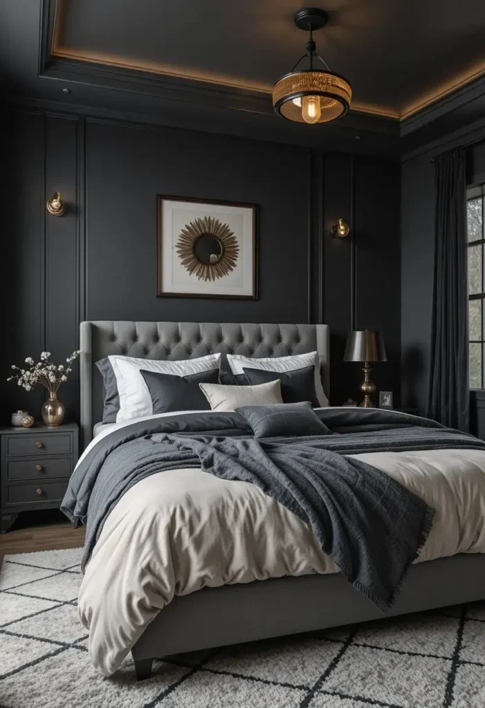 Cocoon-style dark gray bedroom with layered textures and a warm, enveloping feel.