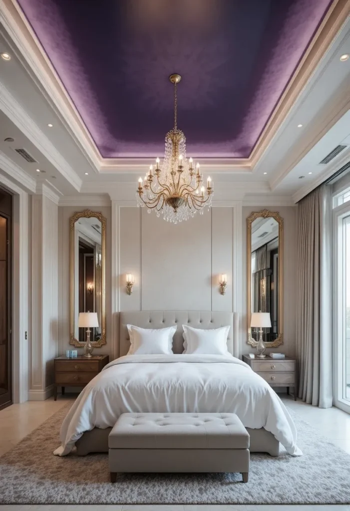 Bedroom with a deep purple ceiling creating a dramatic and sophisticated statement.