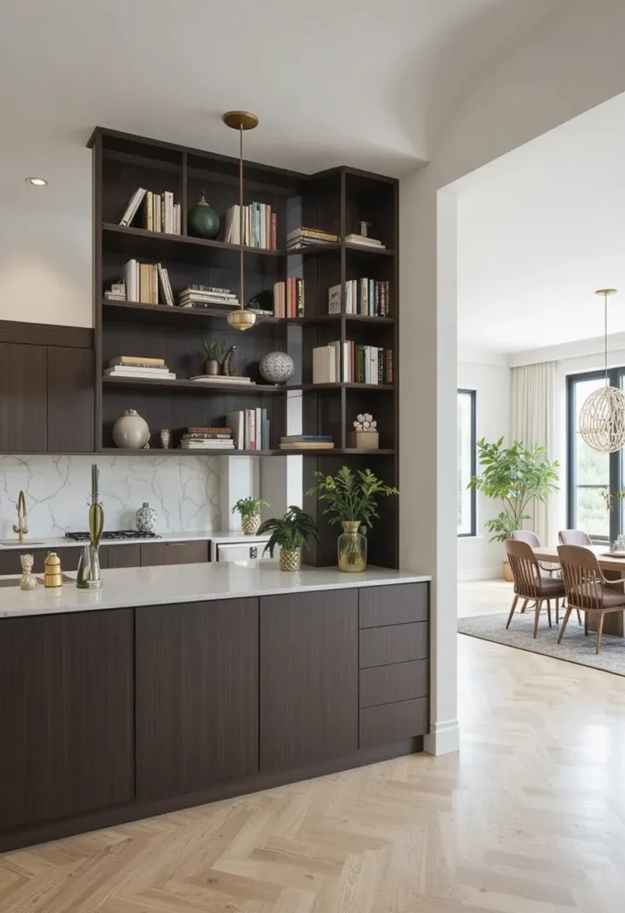 Half wall with shelving creating permanent room division and storage.