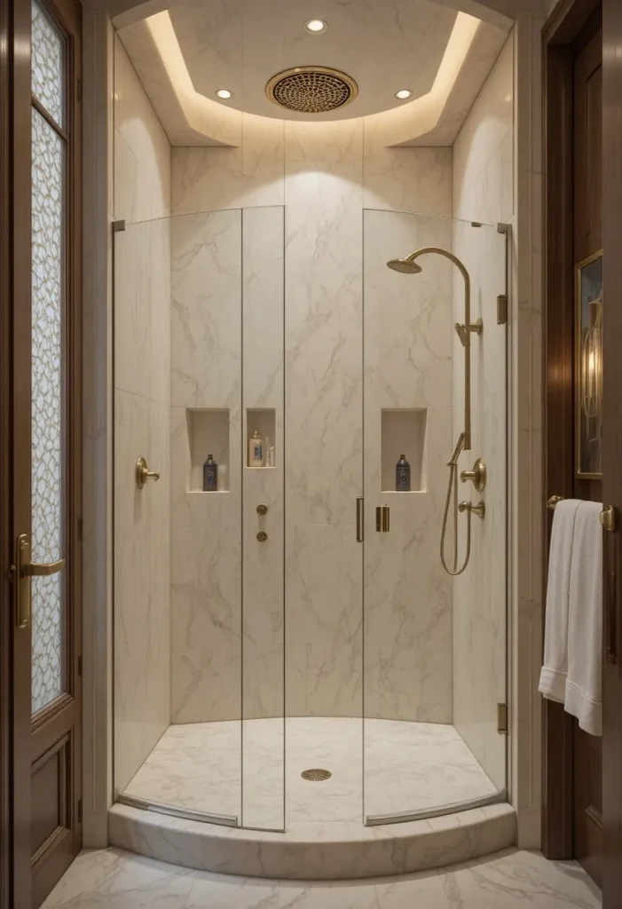 Doorless walk-in shower with a curved entrance in a stylish small bathroom.