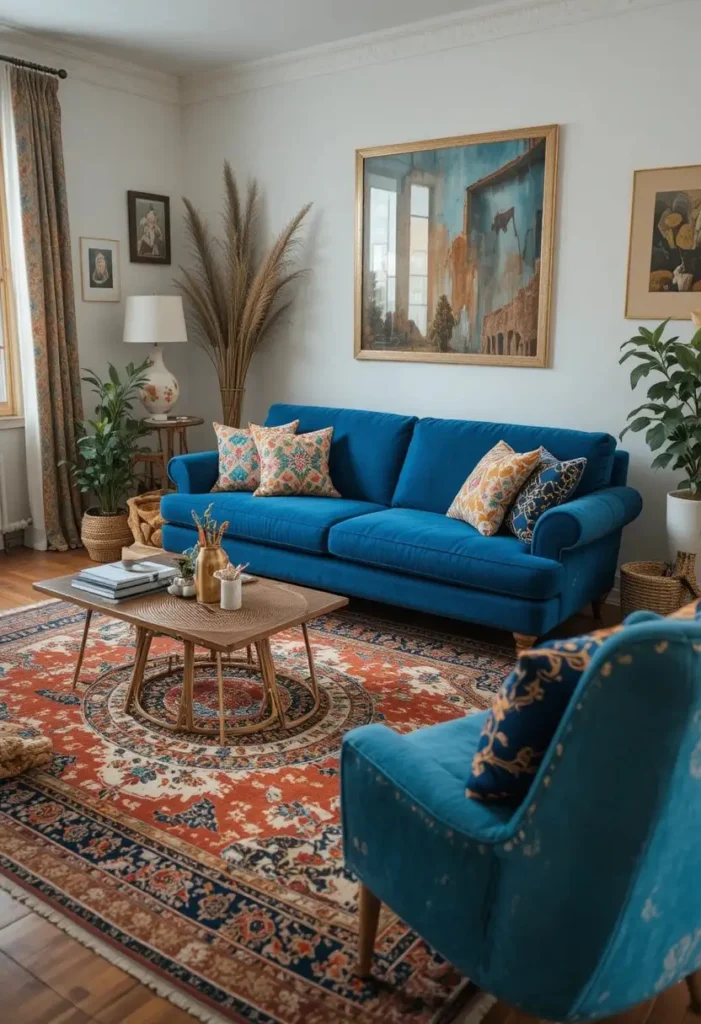 Blue sofa styled with a colorful patterned rug in a cozy bohemian living room.