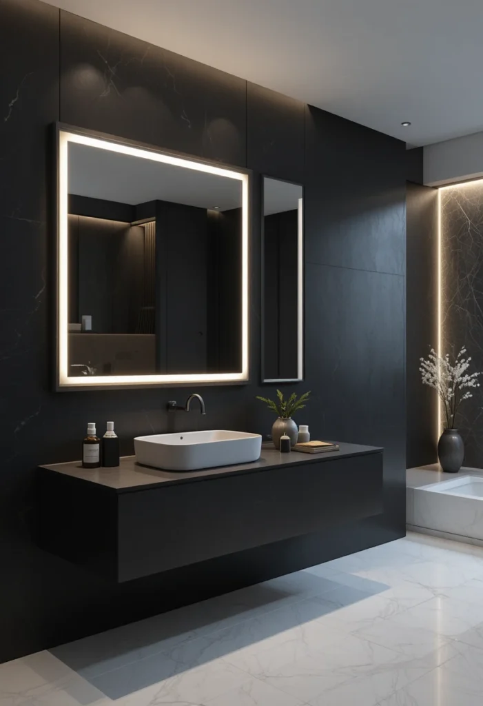 Black bathroom with dramatic rectangular LED backlit mirror.