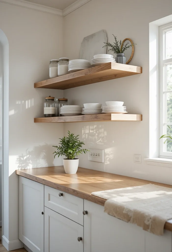 Natural oak floating shelves styled with white dishes and greenery in a warm kitchen.