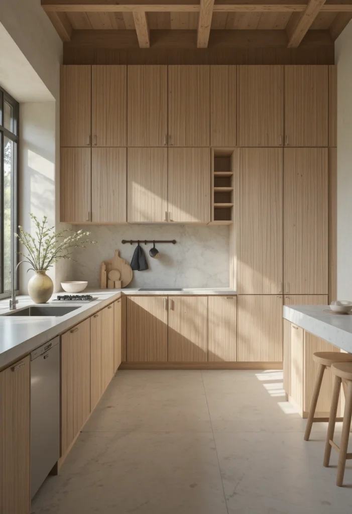 Vertical grain white oak kitchen cabinets creating a sleek Japandi-inspired modern kitchen.