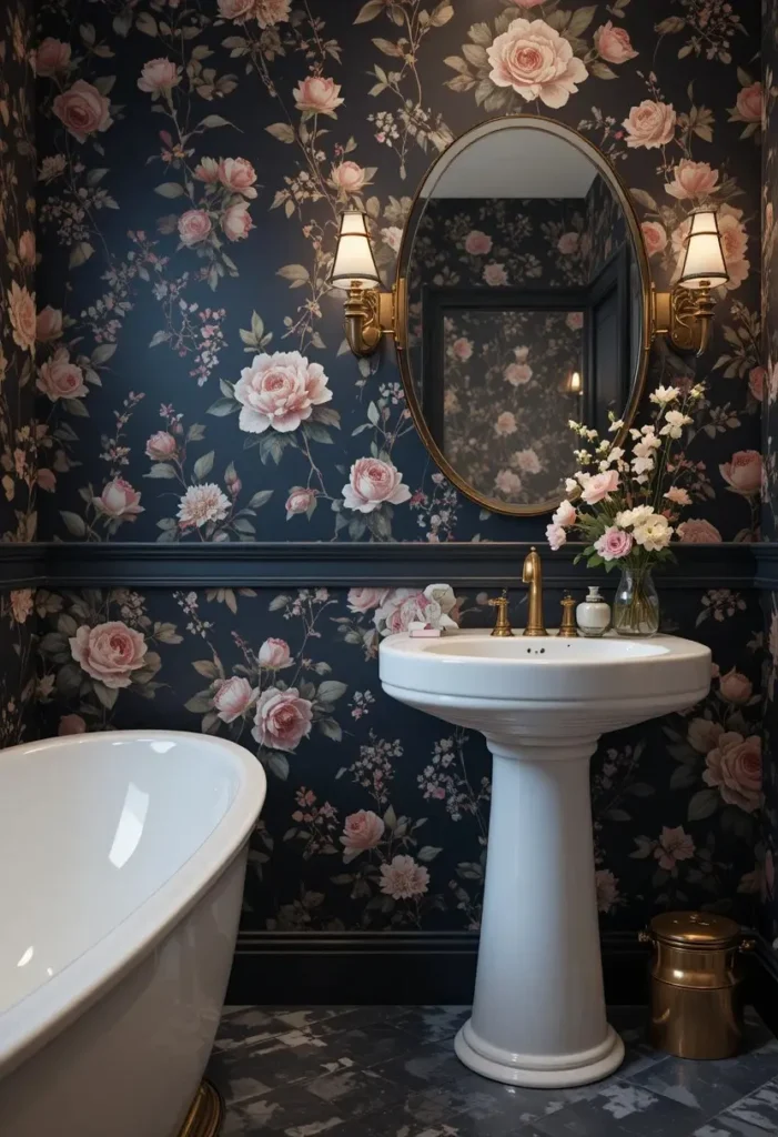 Moody floral wallpaper creating a dramatic bathroom statement wall.
