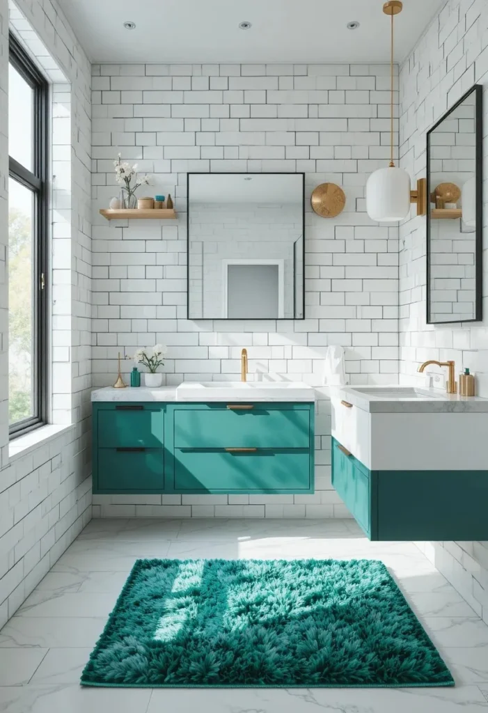 Bold emerald green rug adding color and personality to a modern white bathroom.