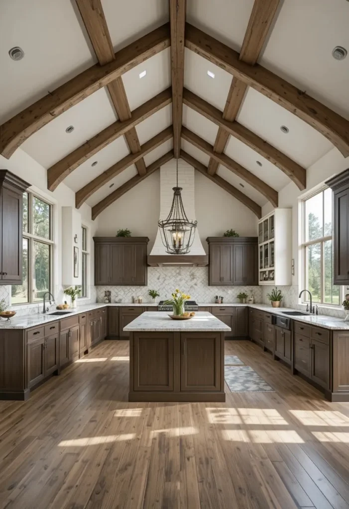 Kitchen with a soaring vaulted ceiling and exposed rafters.