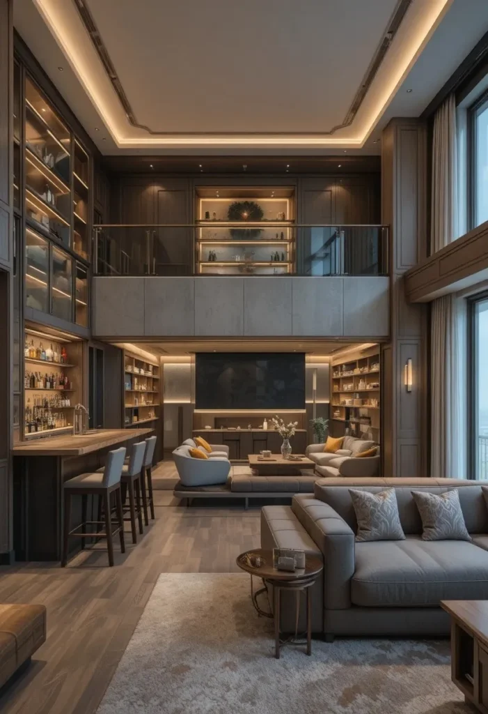 Sunken living room with a stylish wet bar designed for entertaining guests.
