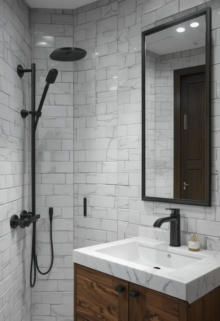 Matte black fixtures adding modern contrast to a white bathroom.