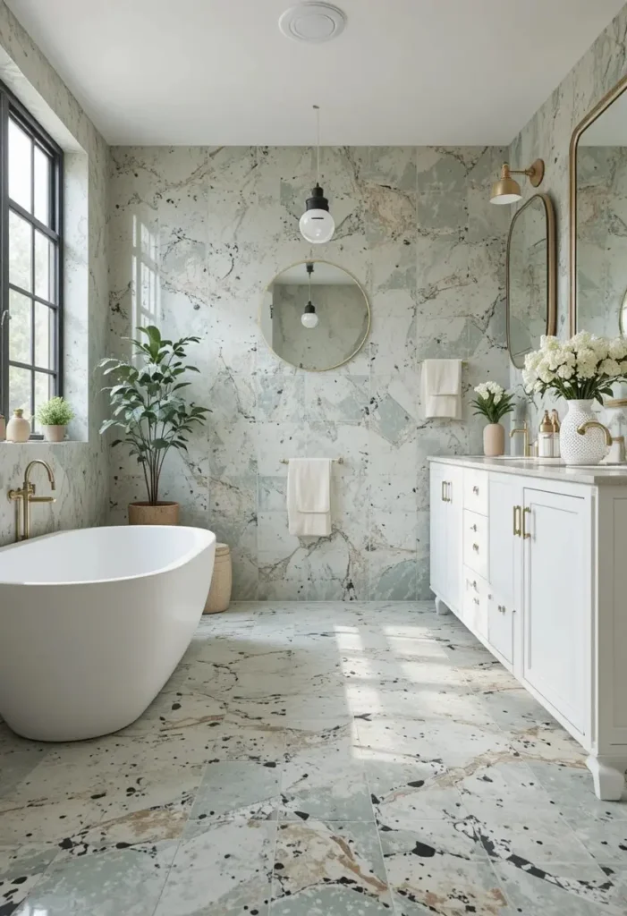 Large terrazzo bathroom floor tiles with colorful decorative flecks.