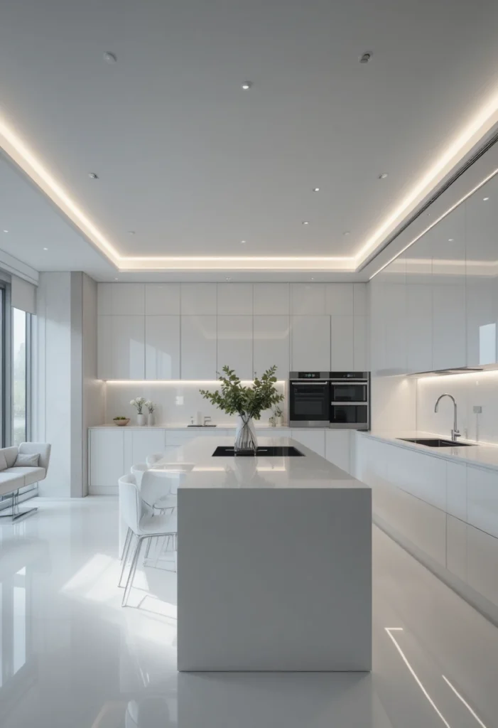 Minimalist all-white L-shaped kitchen with a sleek modern island.