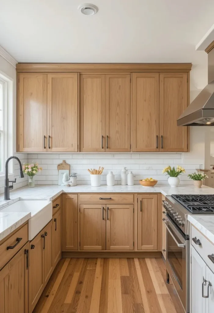 Hickory cabinets complemented by a clean white subway tile backsplash.