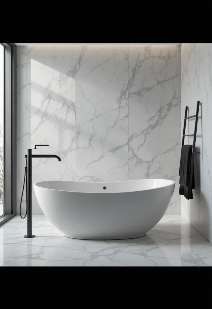 White freestanding bathtub paired with sleek black fixtures in a luxury bathroom.