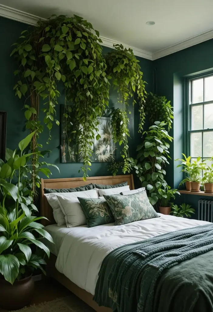 Green-filled bedroom with dark green walls and abundant indoor plants creating a natural retreat