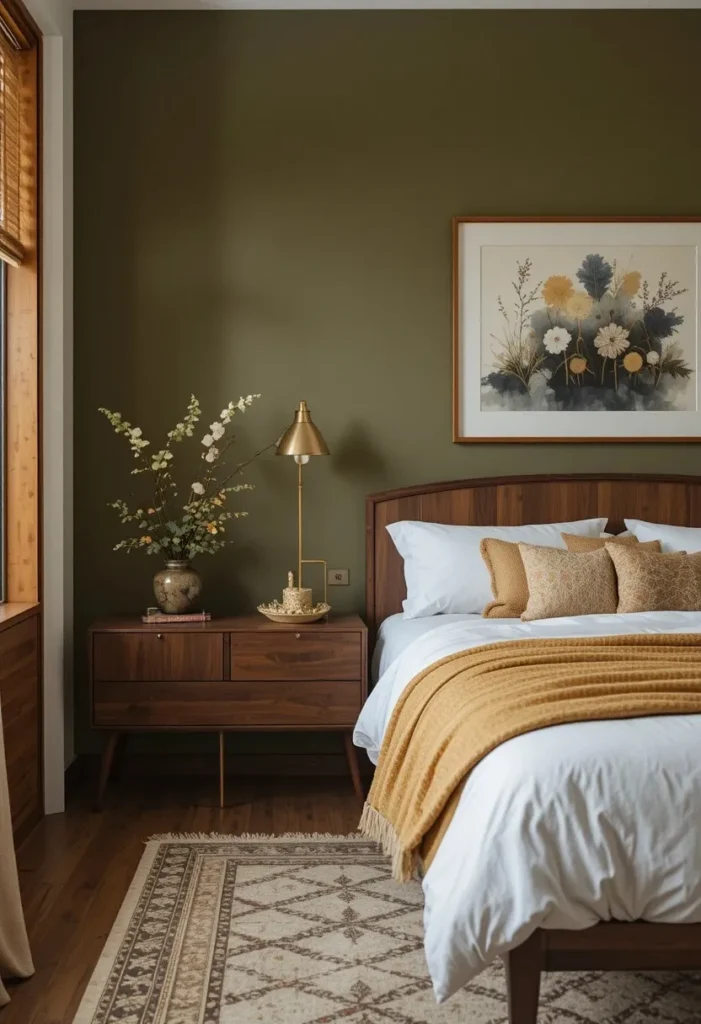 Olive green accent wall paired with walnut furniture in a mid century bedroom.