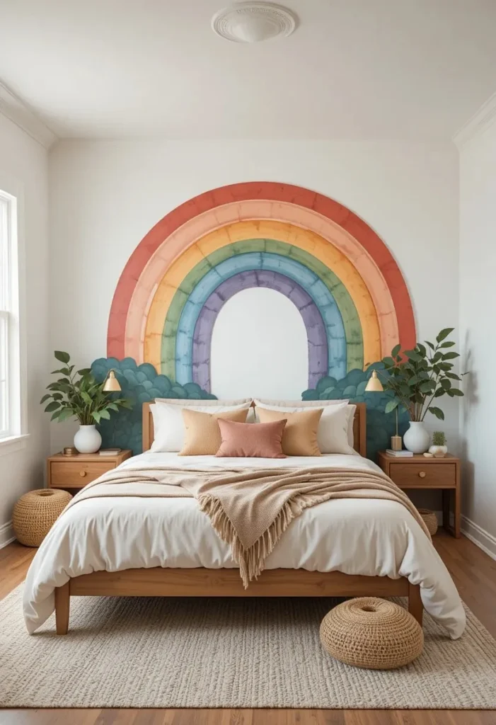 Hand-painted rainbow mural wall adding artistic personality to a boho bedroom.
