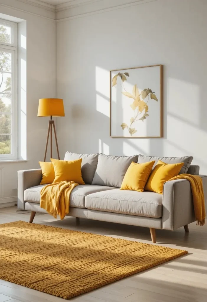 Grey couch styled with mustard yellow accents for a warm and cheerful living room.