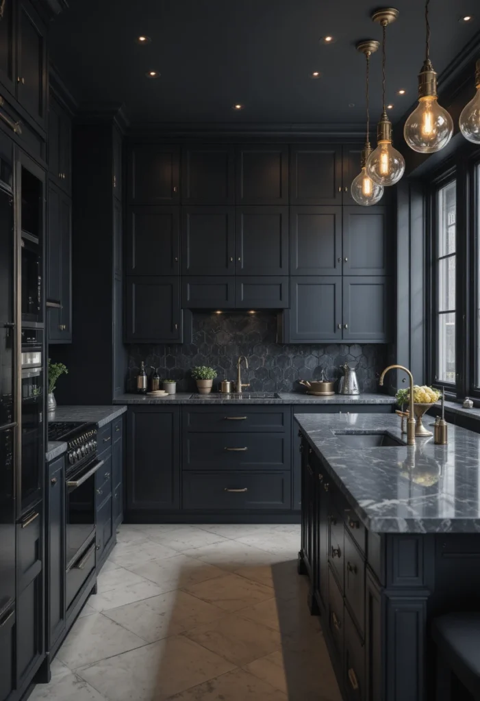 Moody kitchen with dark cabinets and sleek black appliances