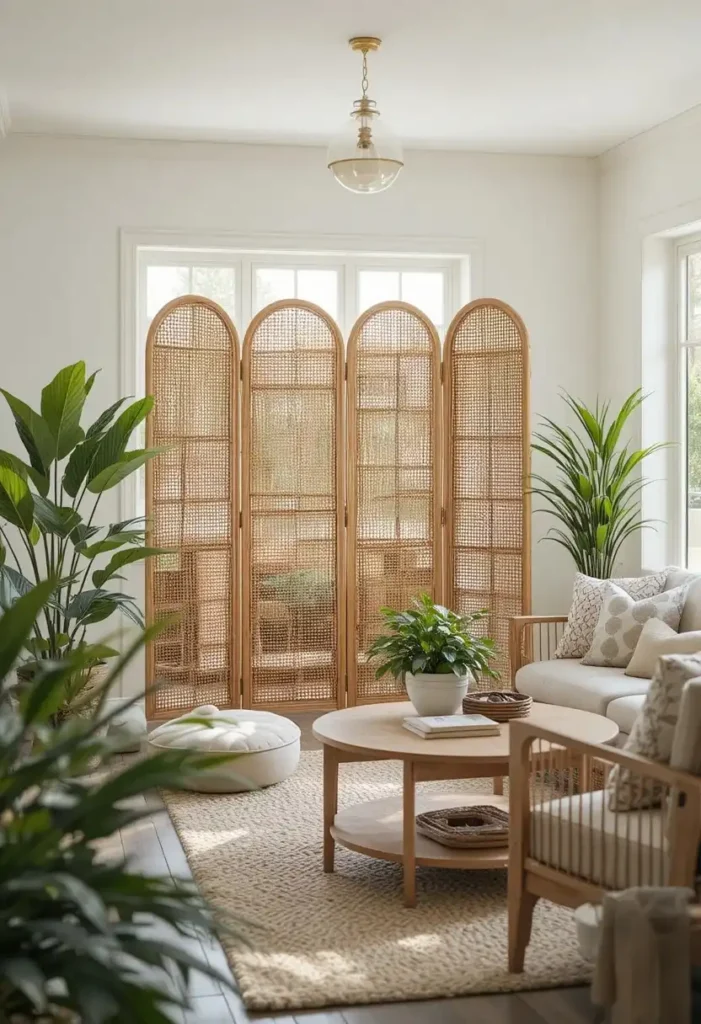 Rattan folding screen divider adding natural warmth and texture.