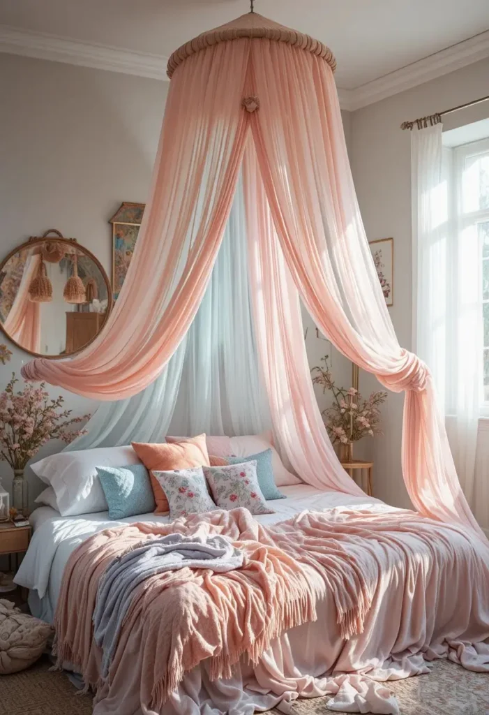 Sheer rainbow-colored canopy creating a dreamy boho bedroom retreat.