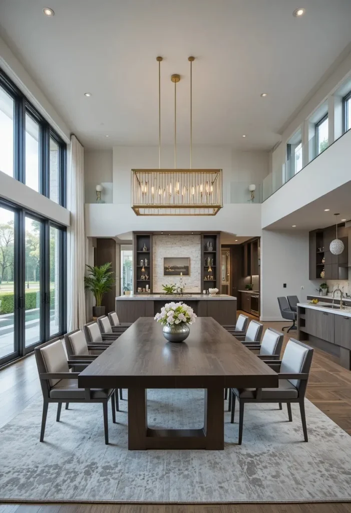 Linear rectangular chandelier evenly lighting a long dining table.