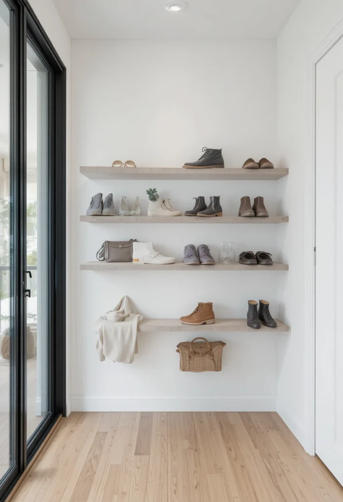 Floating wall shelves displaying organized shoes in a small entryway.