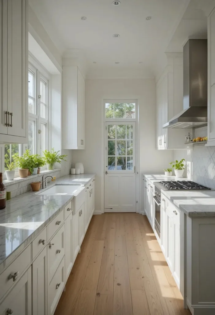 Galley kitchen with a large end window bringing abundant natural light into the narrow space.