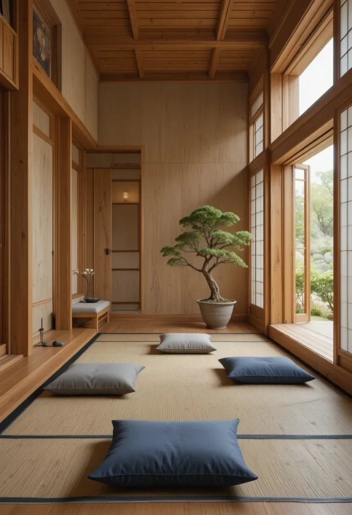 Minimalist Japanese-style sunken seating area with natural wood and calming decor.