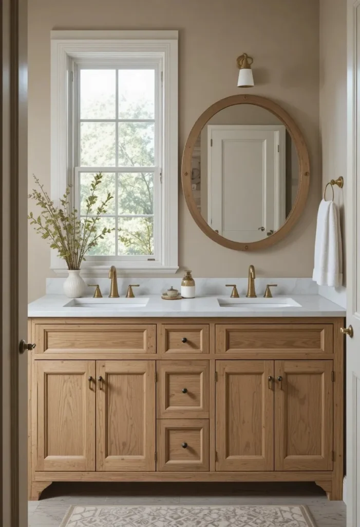 Warm wood shaker bathroom cabinets with timeless natural oak finish.