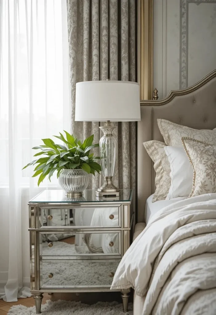 Mirrored bedside table adding glamour and light to a bedroom.