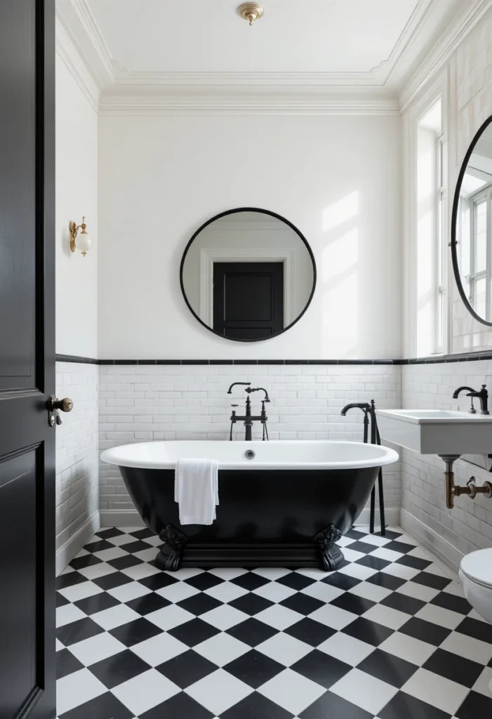 Classic black and white checkerboard tile flooring in a stylish bathroom.
