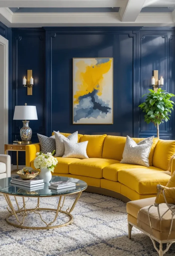 Bright yellow sofa contrasted with a navy accent wall and gold decorative details.