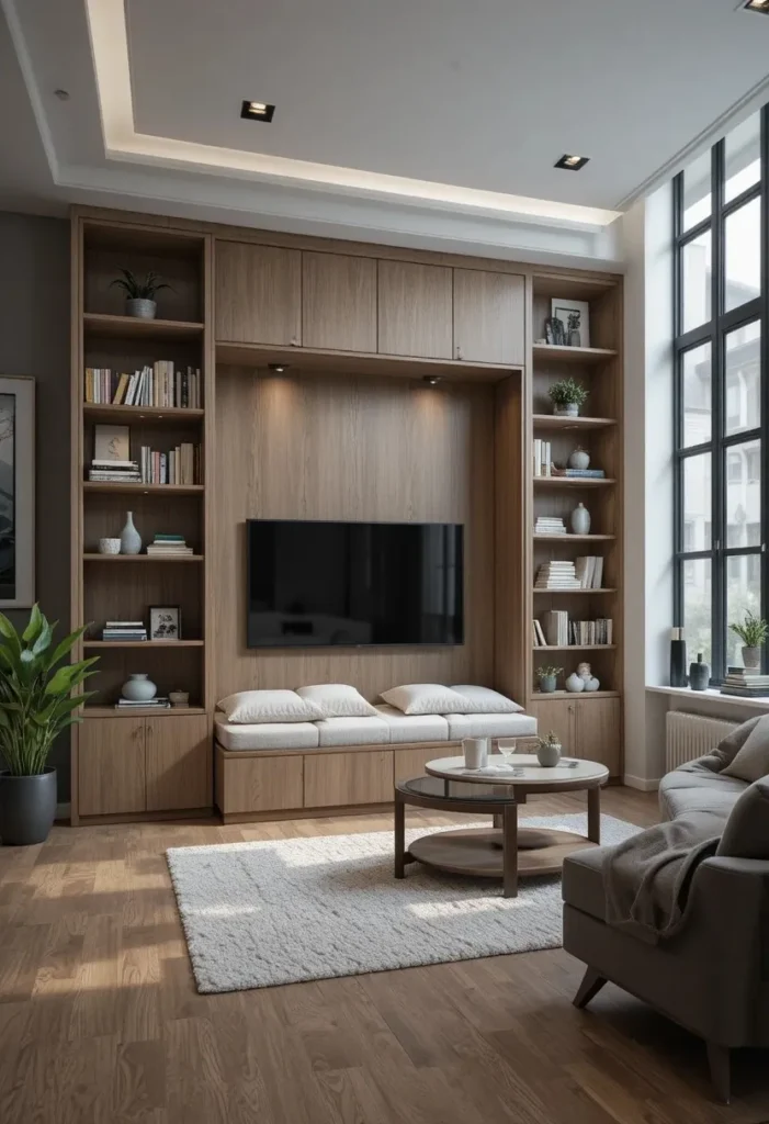 Murphy bed hidden inside a built-in bookcase wall in a stylish small apartment living room.