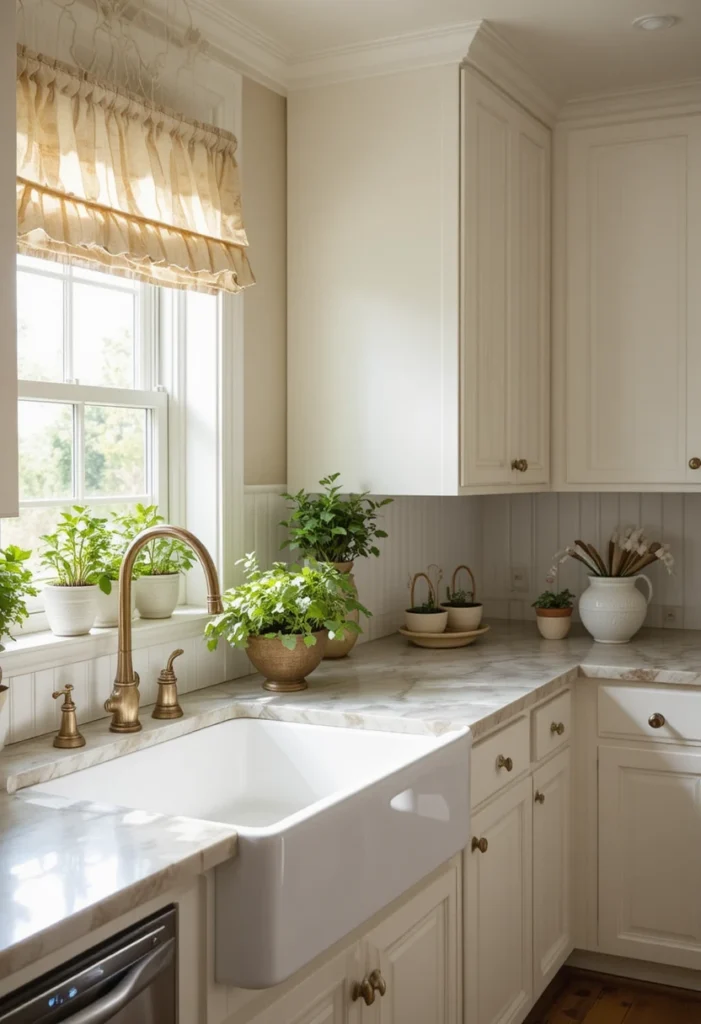 Farmhouse apron sink framed by a charming beadboard backsplash and herb-filled window.