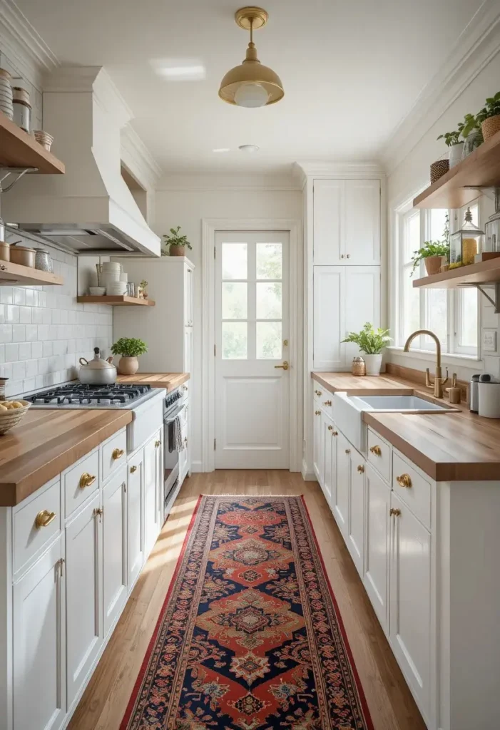 Galley kitchen styled with a colorful vintage runner rug adding warmth and texture.